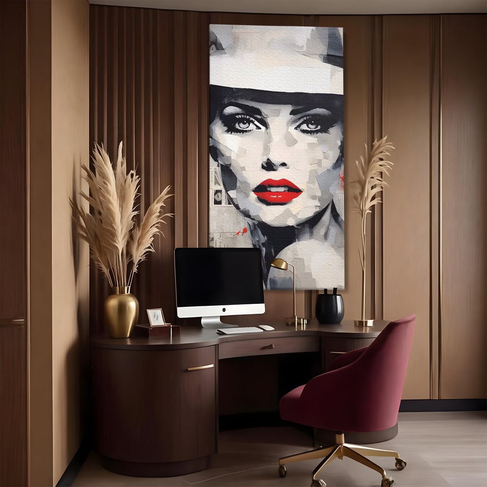 Tablou canvas cu tablou portret femeie cu buze rosii, fara rama, pe sasiu de lemn, pe perete intr-un birou